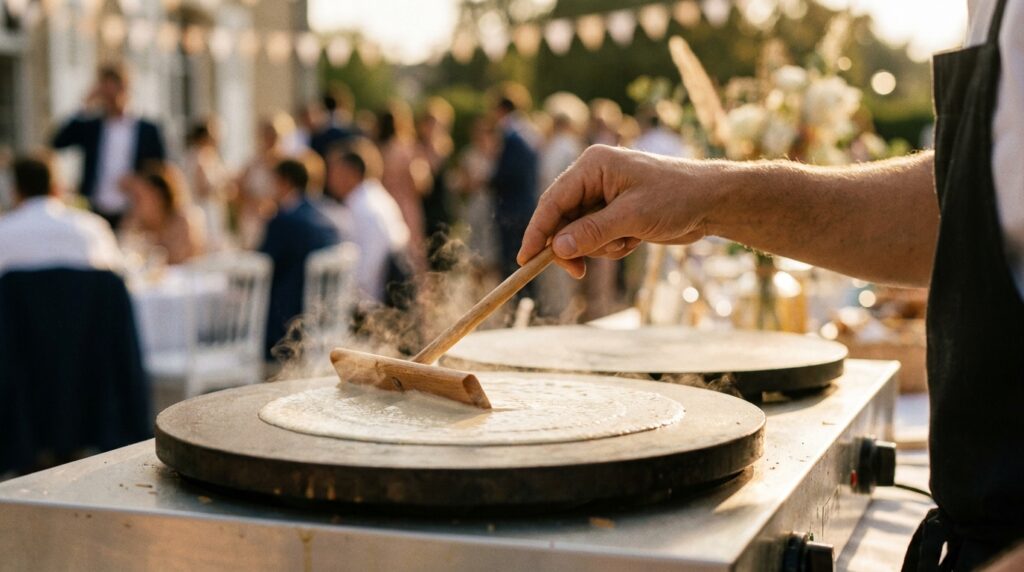 Traiteur inauguration : crêpier étalant la pâte sur la billig devant les invités d’une réception