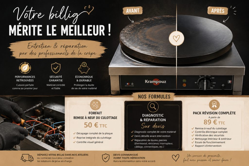 Entretien et réparation de billig par Un Amour de Crêpe : avant/après culottage, formules et tarifs
